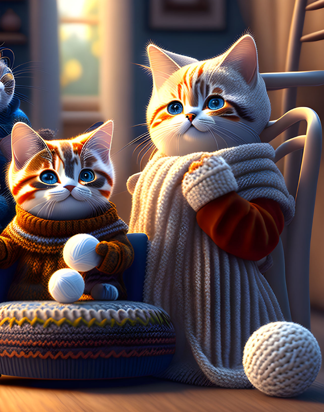 Anthropomorphic kittens in cozy sweaters with yarn ball by sunny window