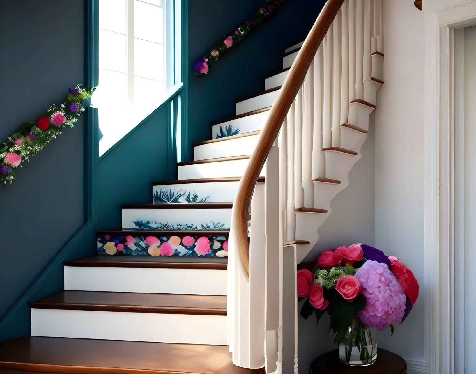 White risers with floral designs, wooden handrail, and bouquet at the base.