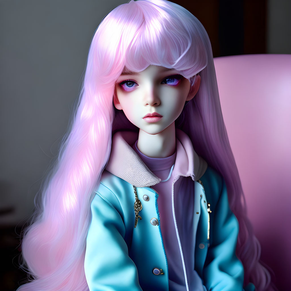 Detailed Doll with Pink Hair and Blue Eyes in Stylish Outfit