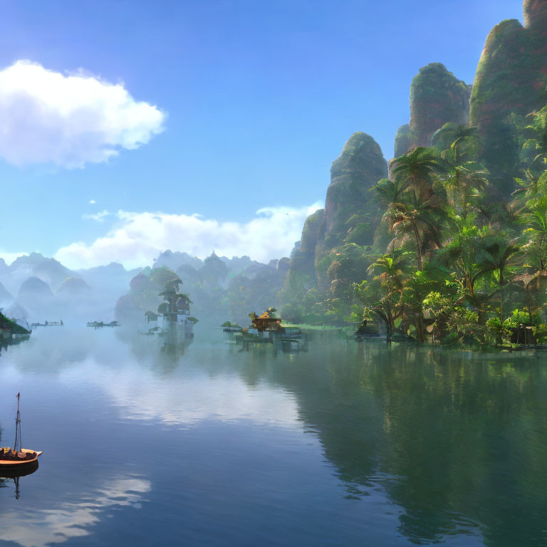 Tranquil landscape with greenery, rock formations, water, boats, and traditional structures