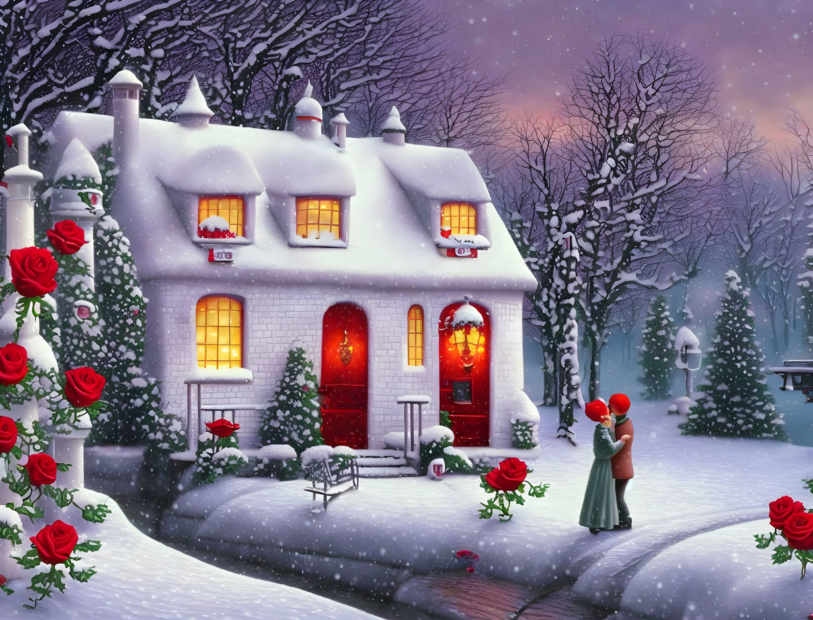 Snow-covered Christmas house with red roses, wreath on door, and warm lighting.