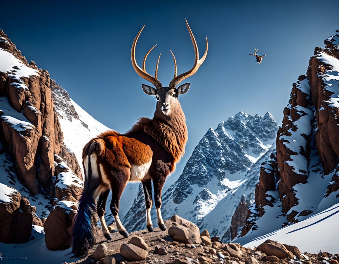 Majestic antelope with long horns in snowy mountain landscape