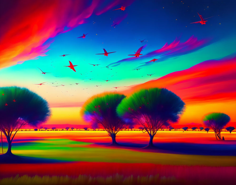 Colorful Sky Gradients Over Silhouetted Trees and Birds at Sunrise/Sunset