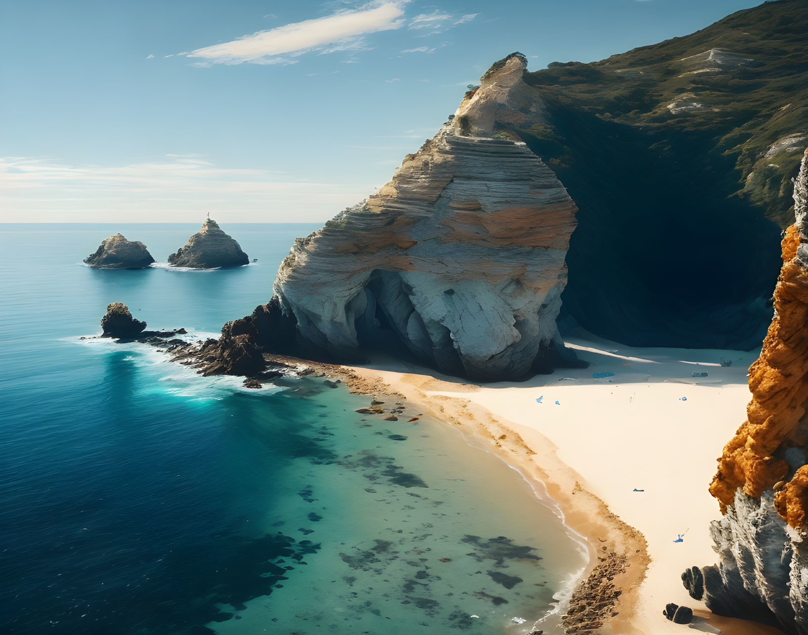 Aerial View of Coastal Scene with Cliff, Beach, and Blue Waters