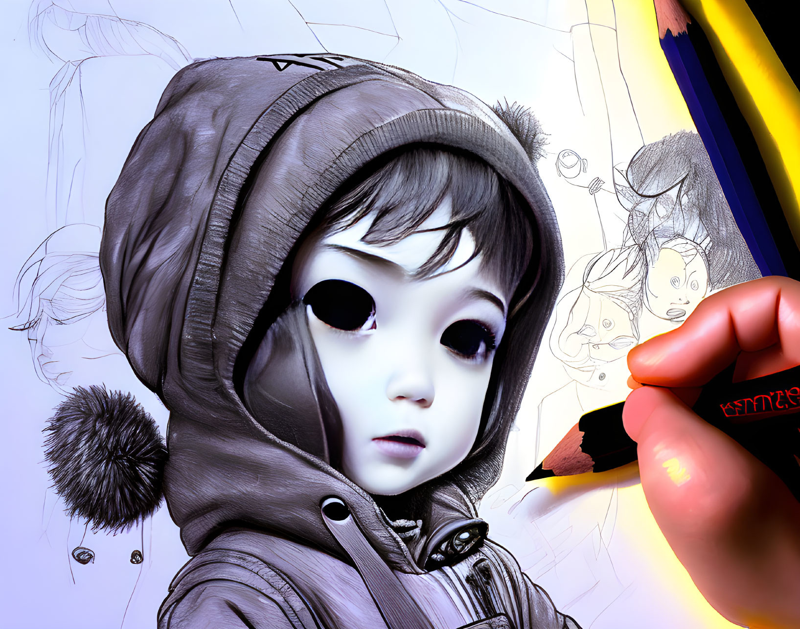 Big-eyed child in a hood sketched with pencil among unfinished drawings