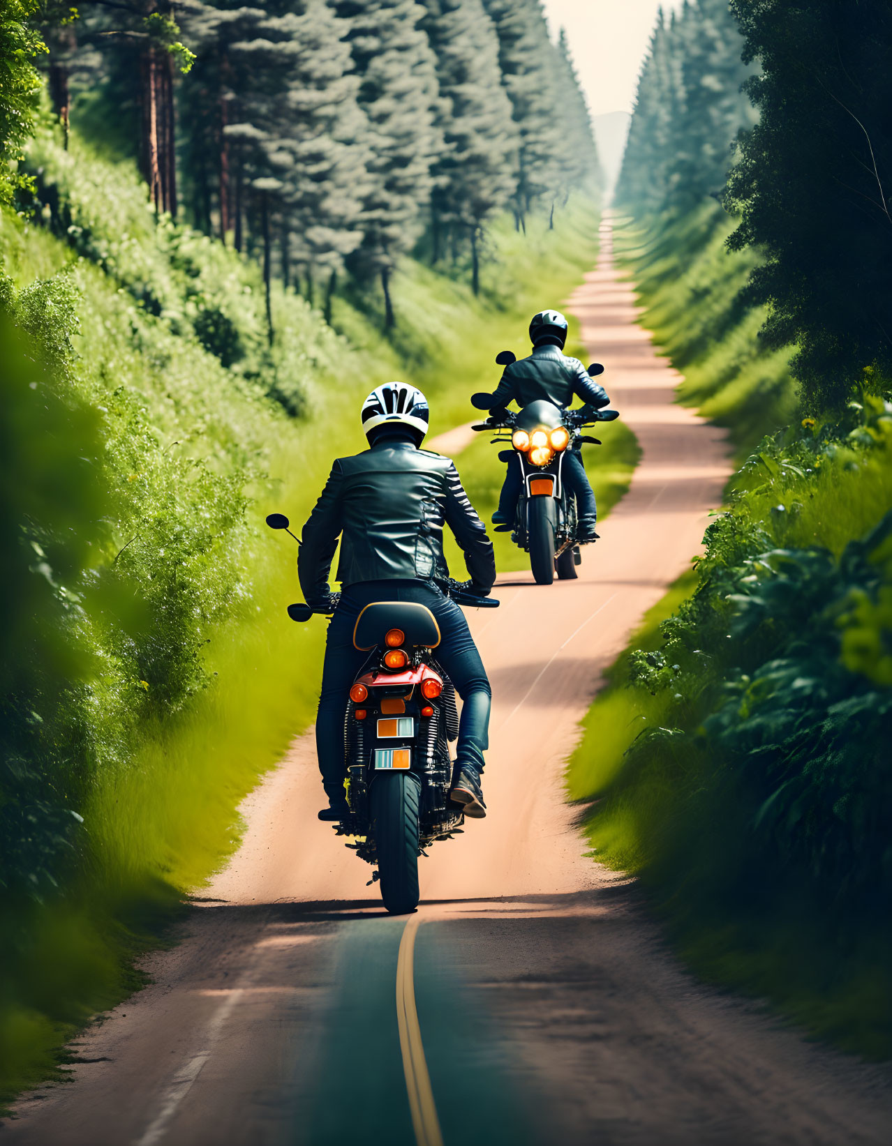 Two motorcyclists on scenic forest road