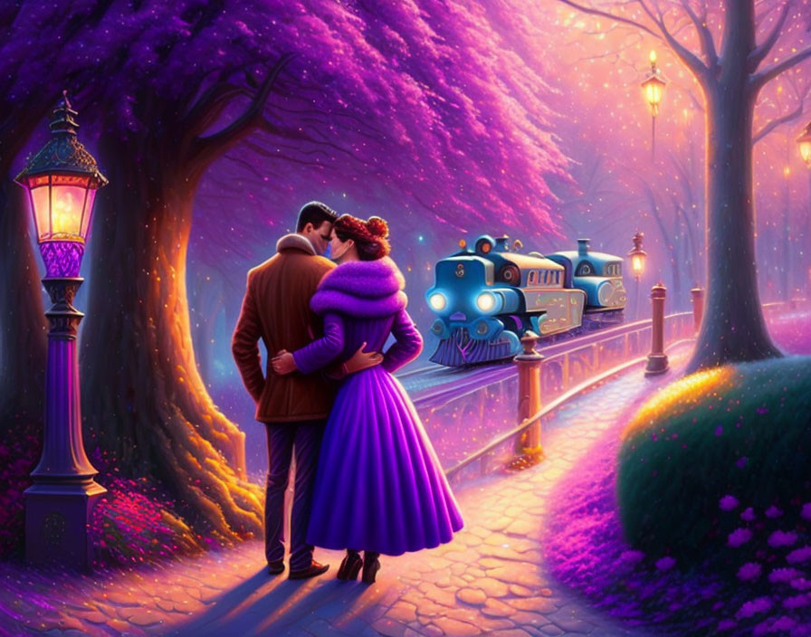 Couple embracing on purple path with trees, vintage train, and glowing lamppost