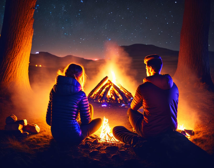 Nighttime campfire scene with two people under starry sky and trees