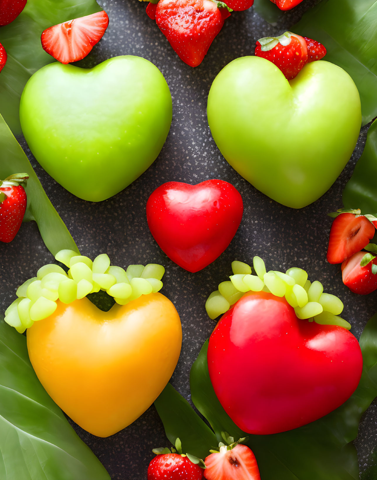 Vibrant heart-shaped bell peppers with strawberries and green leaves on dark background