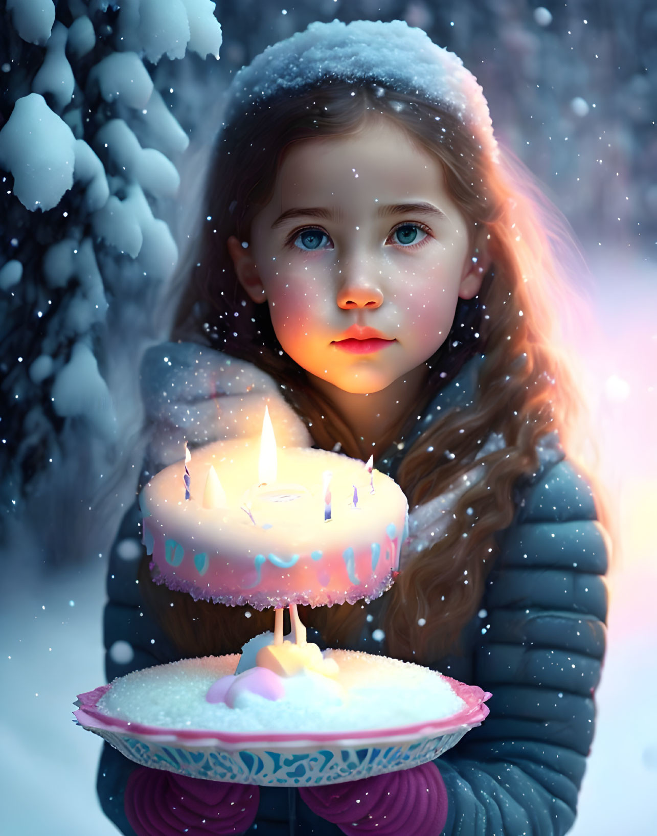 Young girl with snow in hair holding lit birthday cake in snowy backdrop