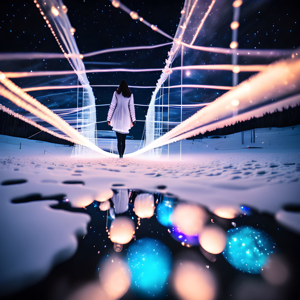 Person standing on illuminated pathway under starry night sky