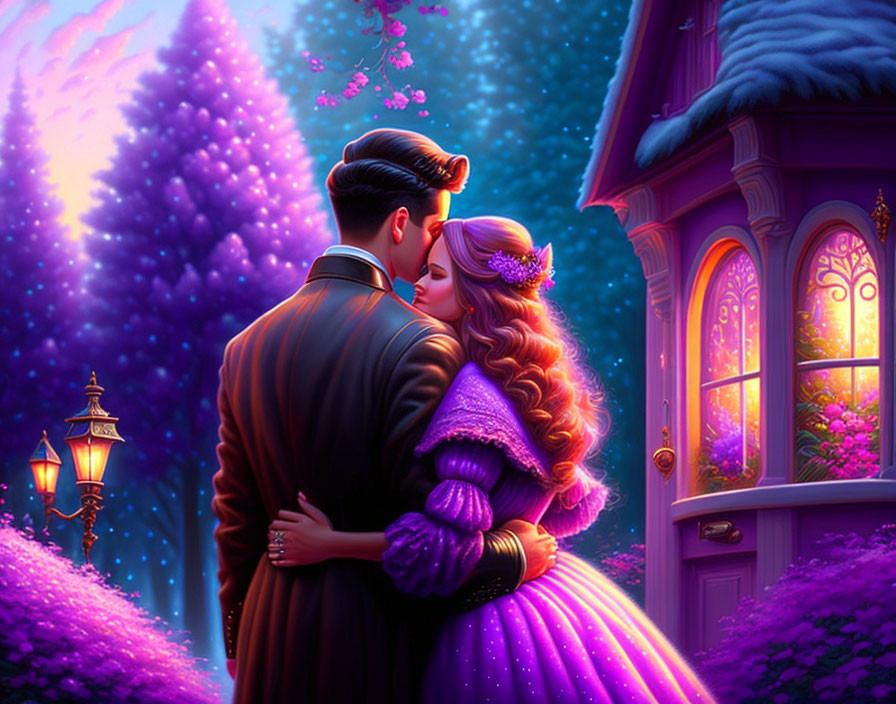 Romantic couple embracing at twilight with purple trees and cozy cottage