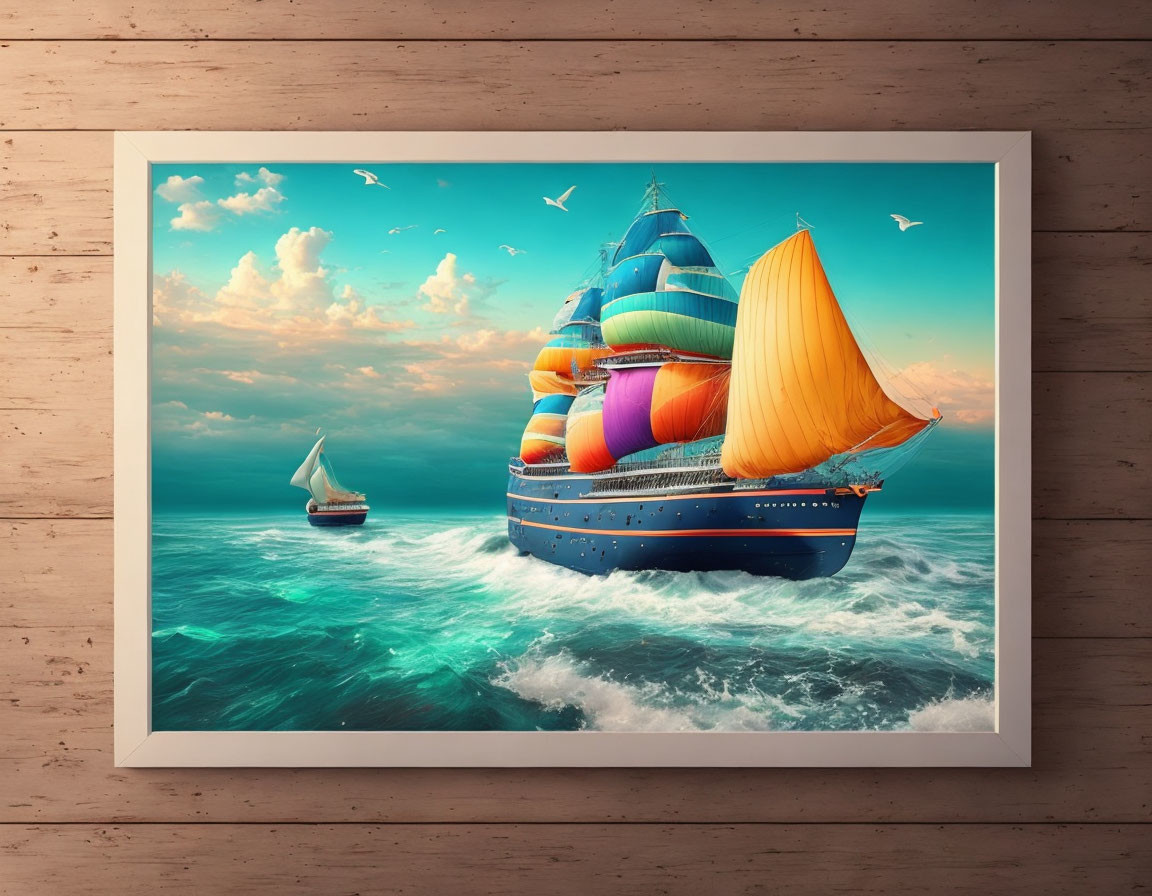 Colorful whimsical ship with bright sails on a wooden wall