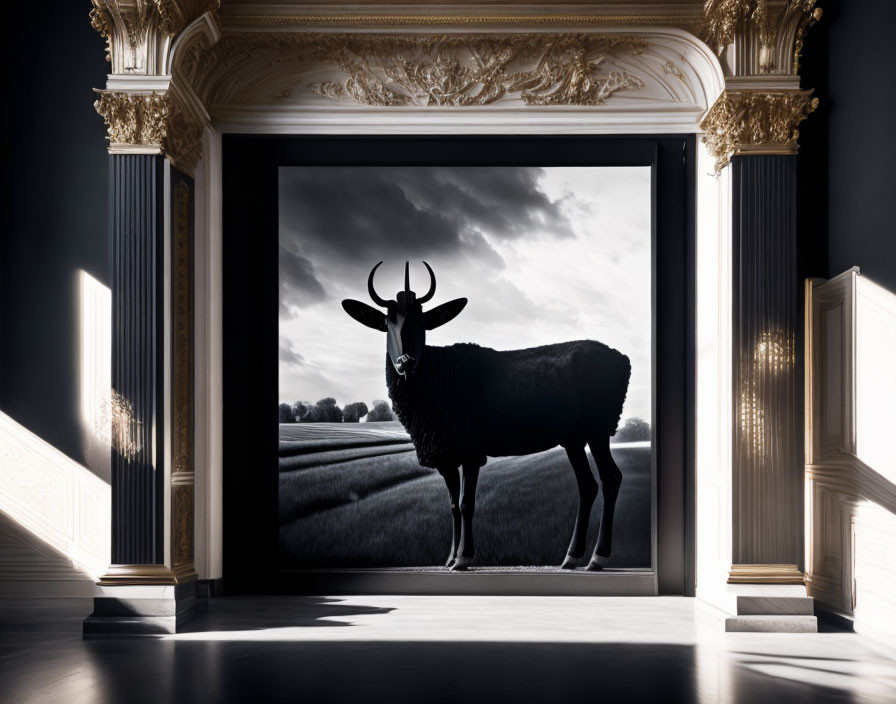 Monochrome image of bull in field framed by ornate doorway