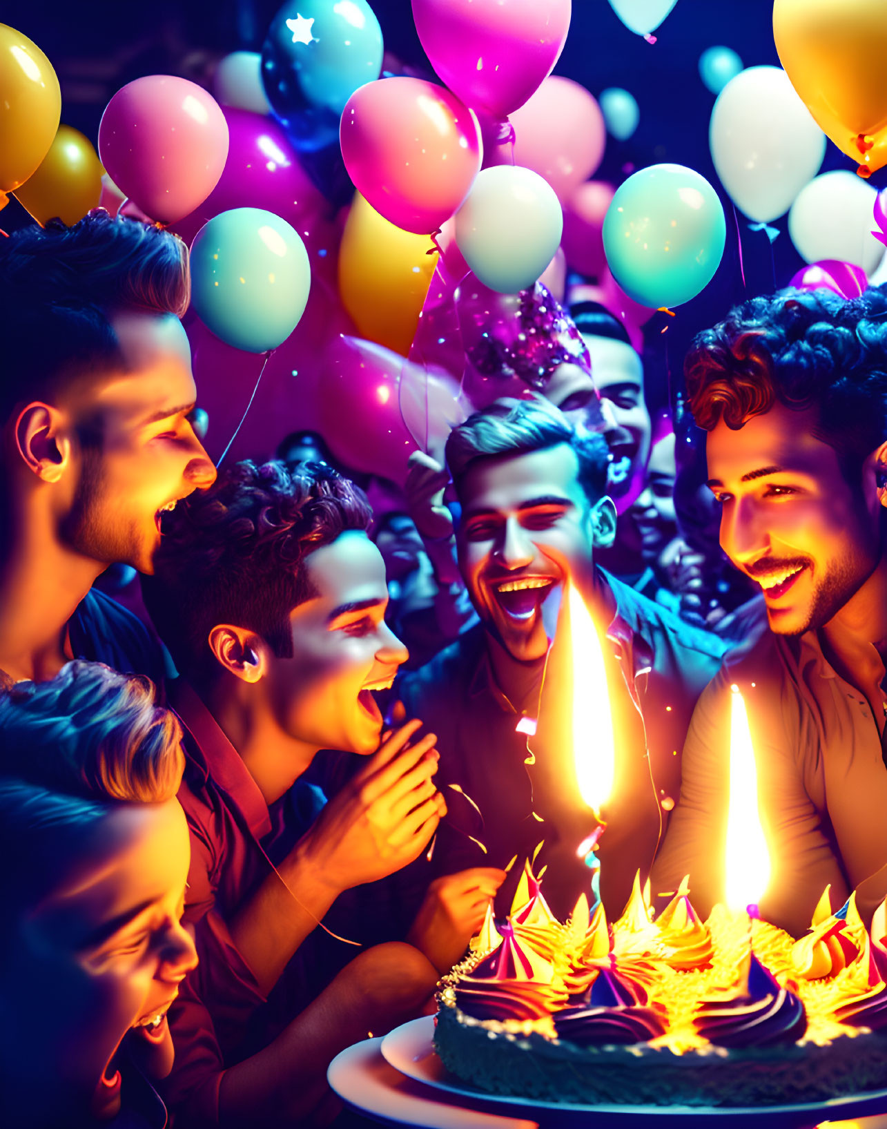 Colorful Birthday Party Scene with Cake, Candles, Balloons & Lights