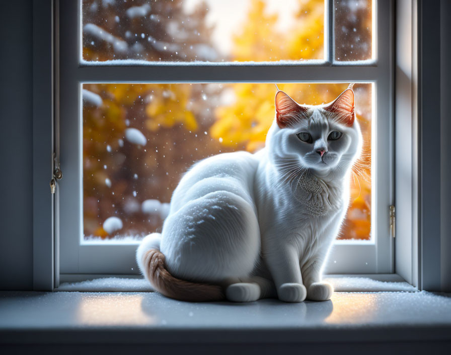 White Cat Sitting on Windowsill with Snowflakes and Autumn Trees