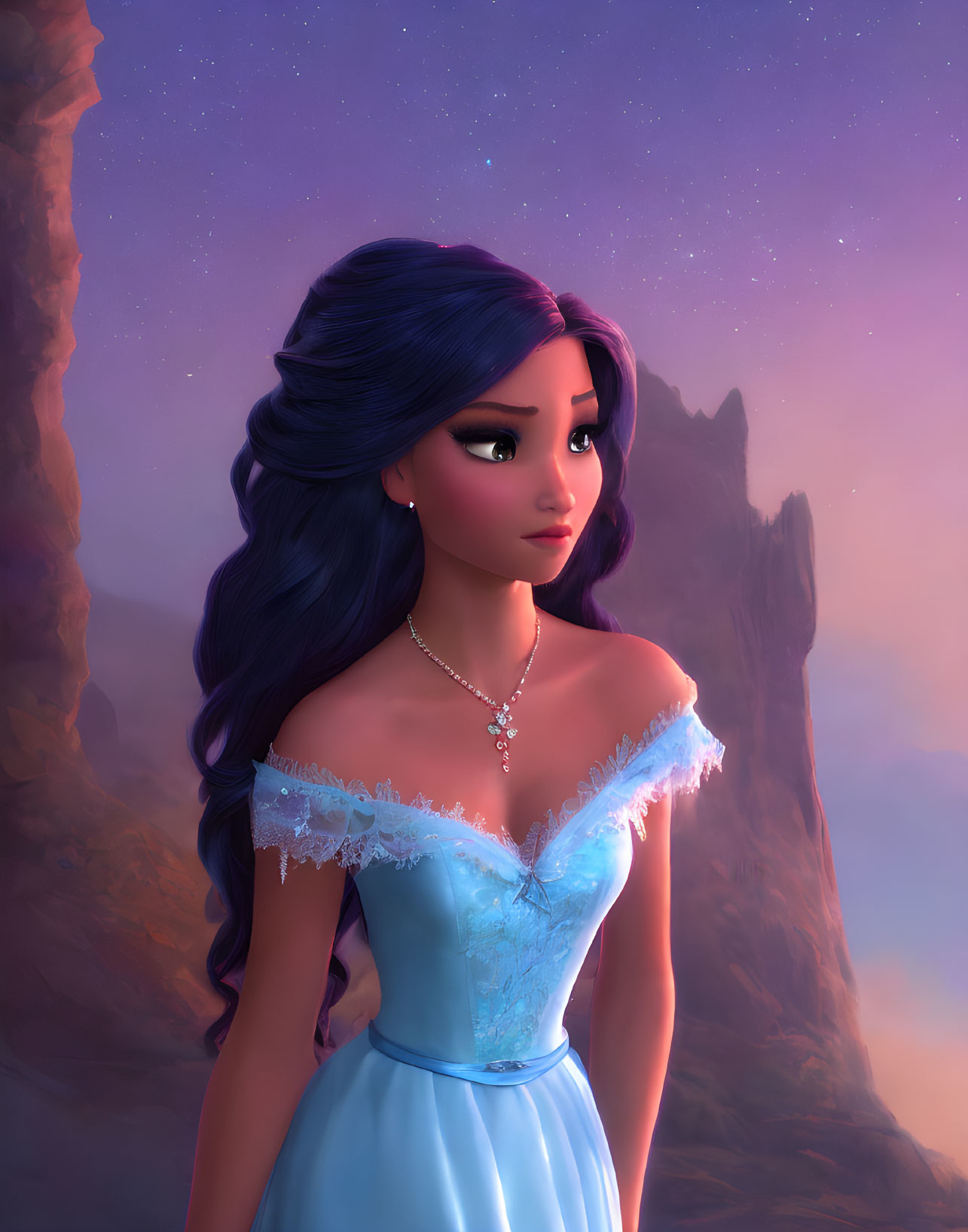 Young woman in blue dress with updo against twilight stars.