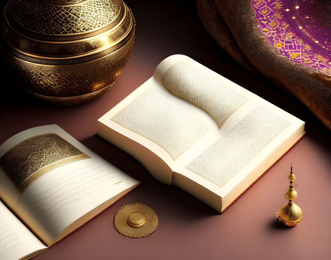 Intricately designed open book with golden objects on maroon backdrop