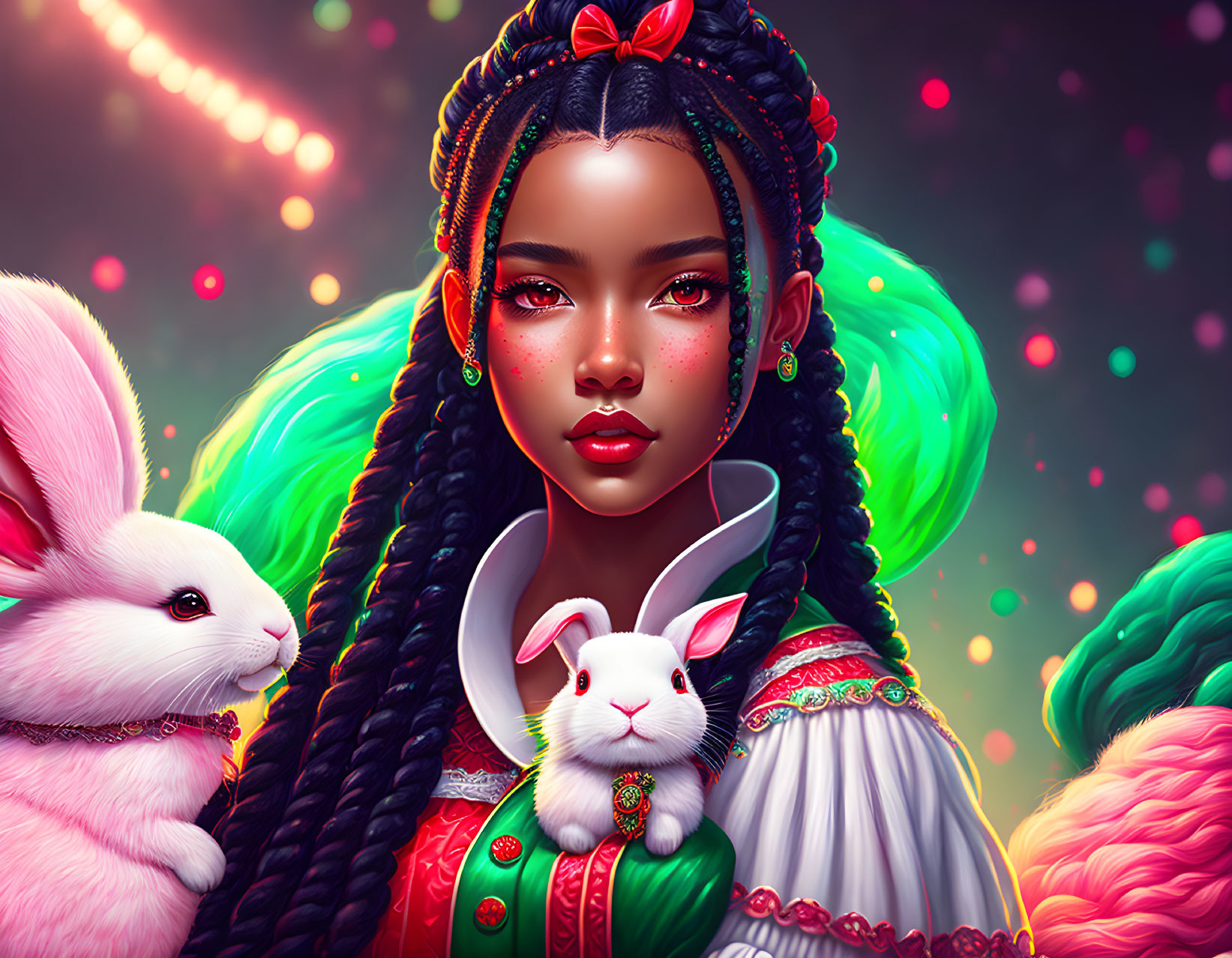 Vibrant rainbow-haired woman with braids and white rabbits on sparkly backdrop