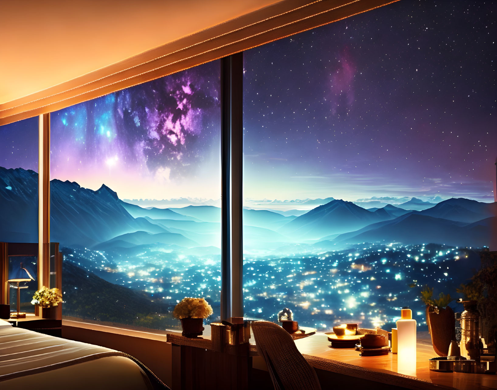 Night view bedroom interior with starlit sky and mountain backdrop.