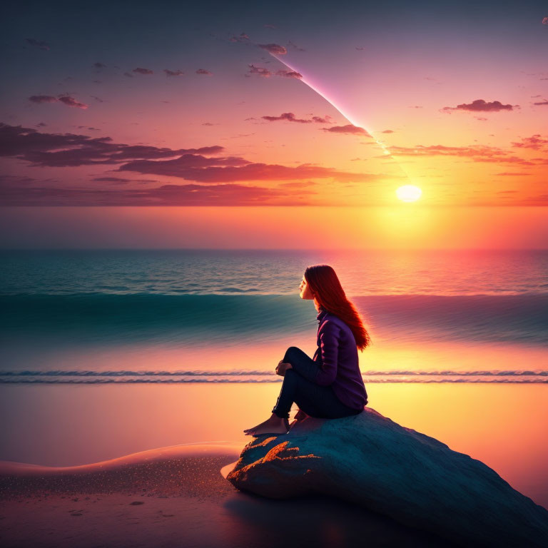 Woman sitting on driftwood log at sunset by serene sea with colorful sky and comet streaking above