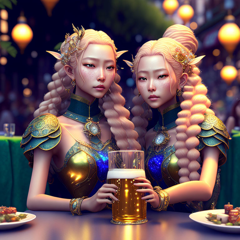 Identical fantasy female characters in gold and blue armor drinking beer in evening street scene