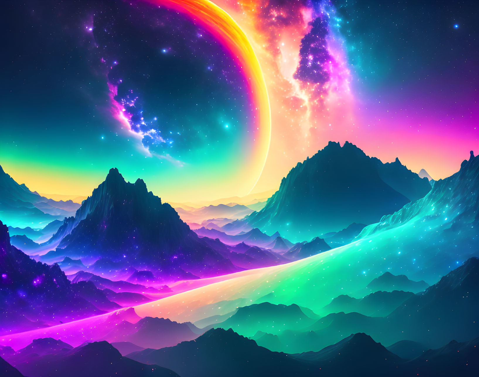 Colorful digital artwork: Celestial scene with rainbow aurora over mountains and starry sky