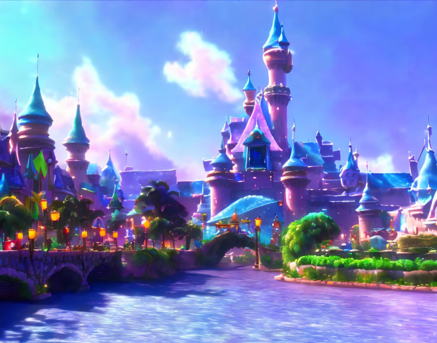 Colorful animated castle in magical landscape with river and pastel sky