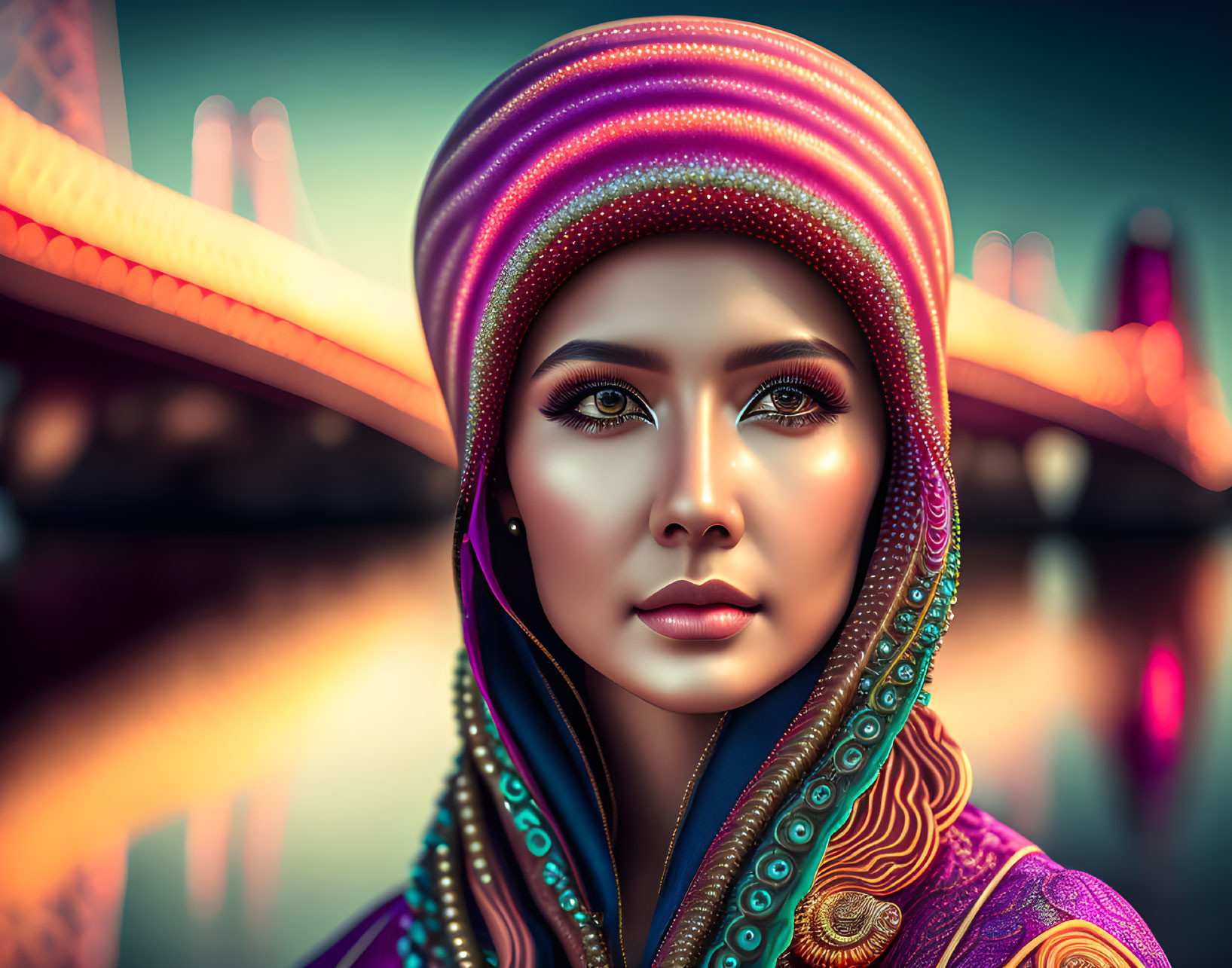 Vibrant digital portrait of a woman with luminous skin and striking eyes wearing a colorful headscar