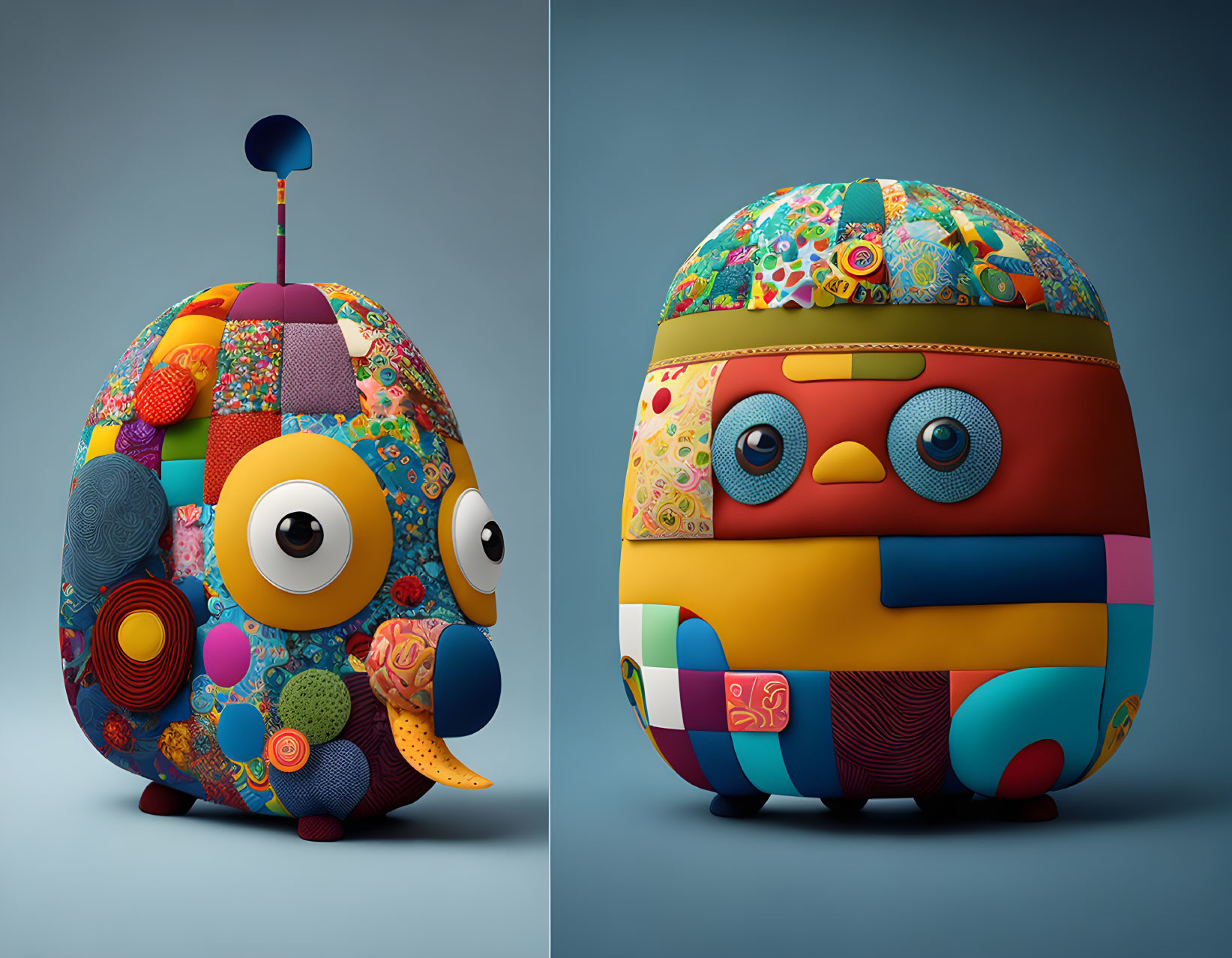 Colorful Patchwork-Style Characters on Blue Background