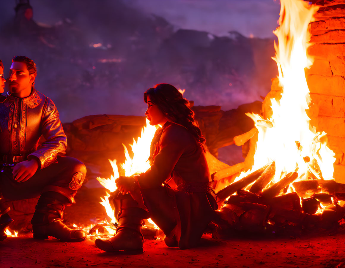 Medieval-themed image of two people by a blazing bonfire