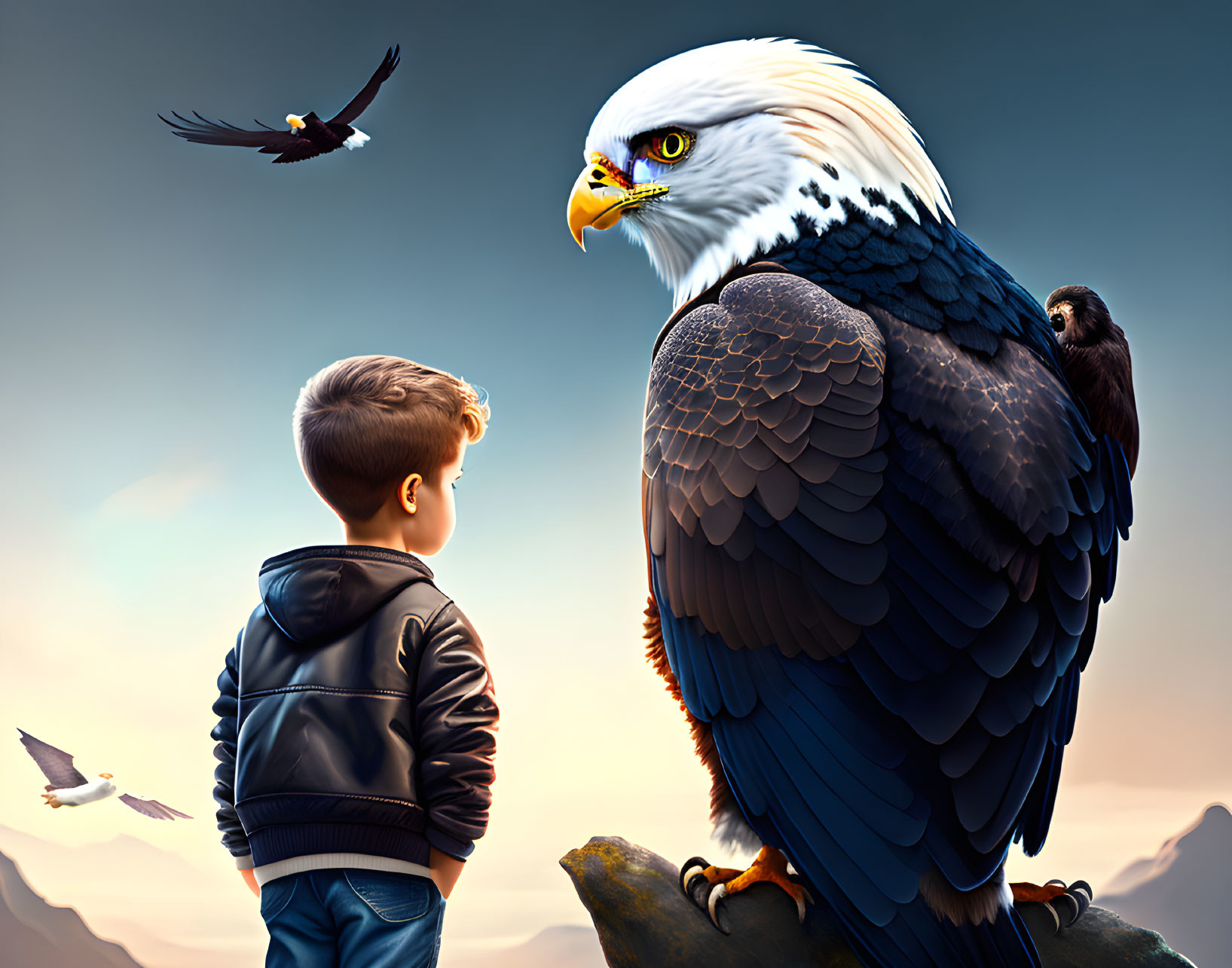 Boy observing bald eagle and birds against mountain scenery