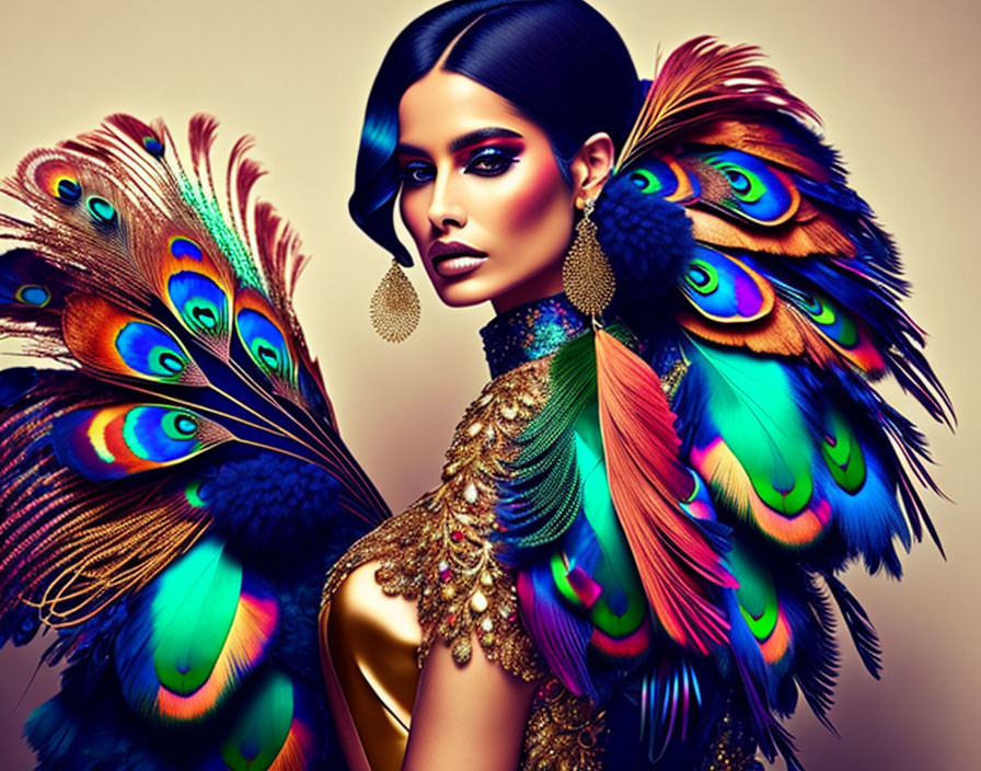 Woman with peacock feather embellishments and vibrant makeup on warm background