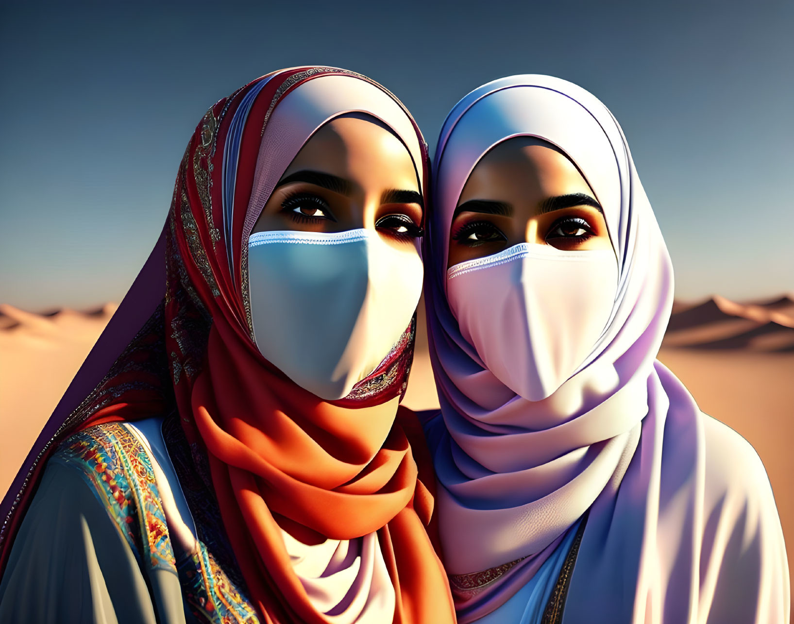 Two women in hijabs and face masks in desert setting.