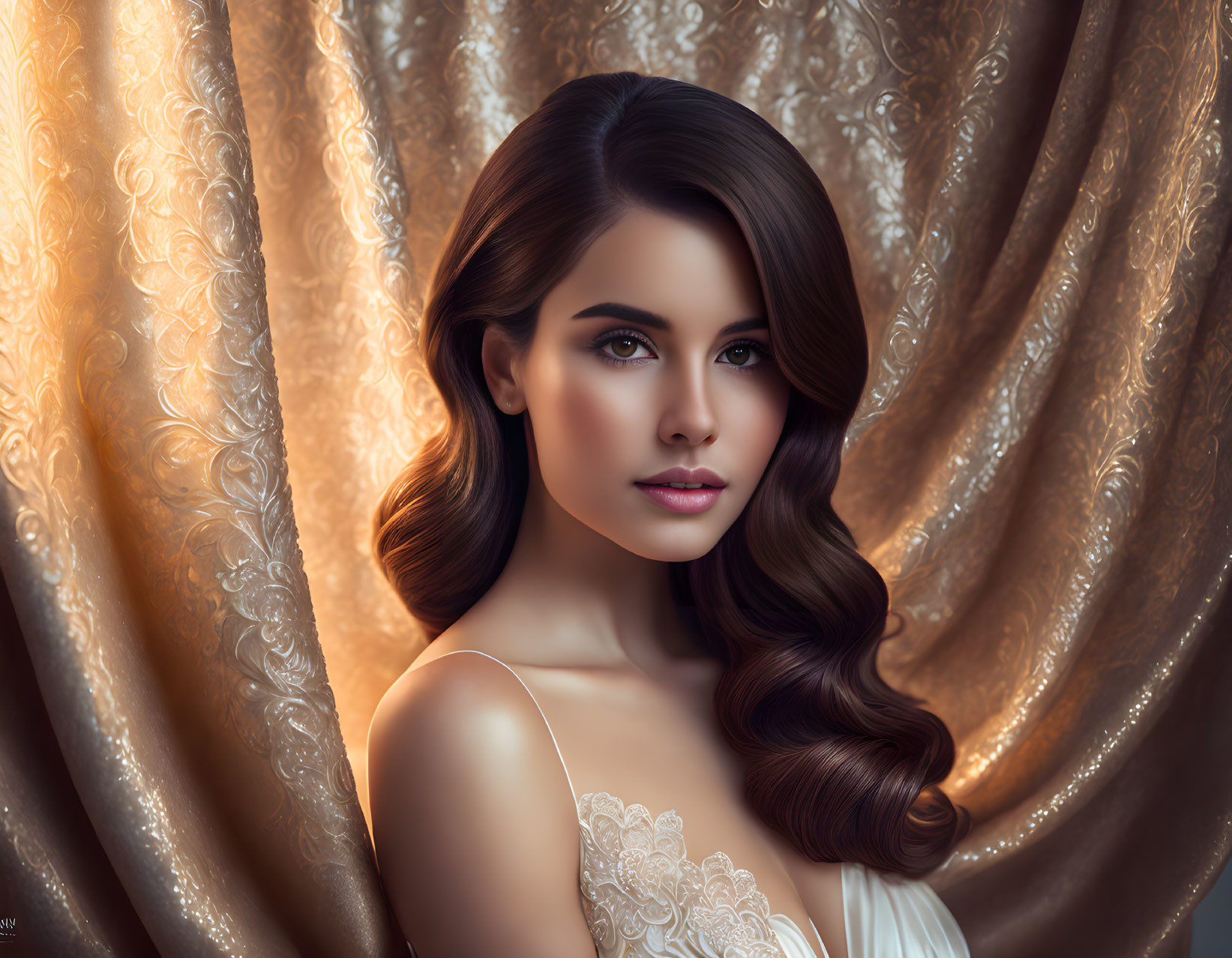 Brunette woman with makeup against golden embroidered curtain.