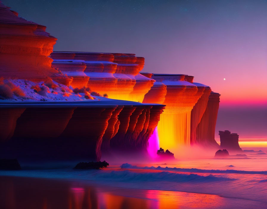 Starry Sky Over Majestic Cliffs and Ocean at Dusk