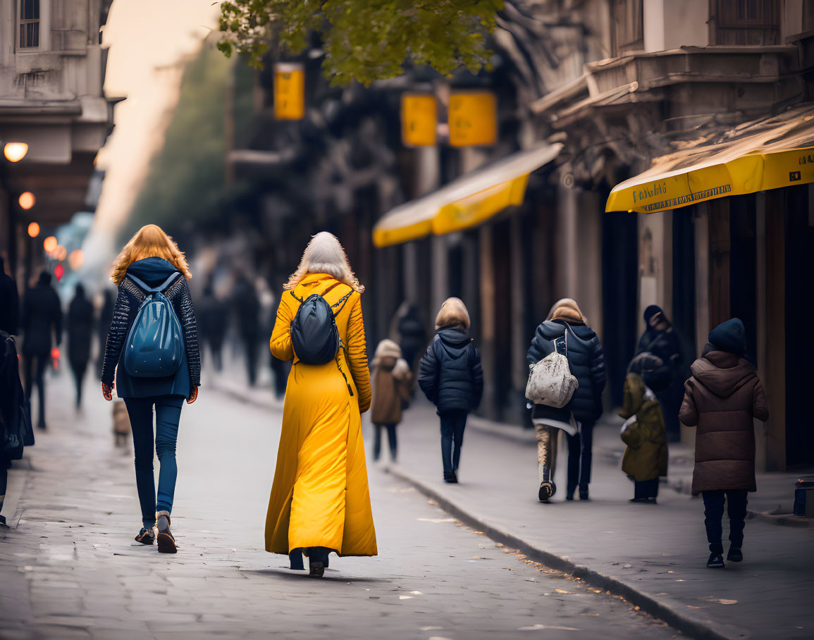 Two women in yellow coats walking in city street scene with pedestrians and buildings.