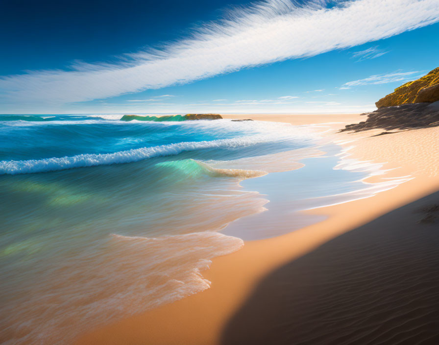 Sandy beach scene with gentle waves and blue sky