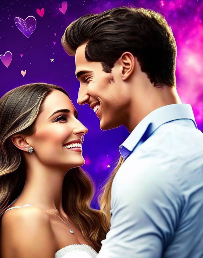 Illustrated couple smiling in purple starry scene with floating hearts