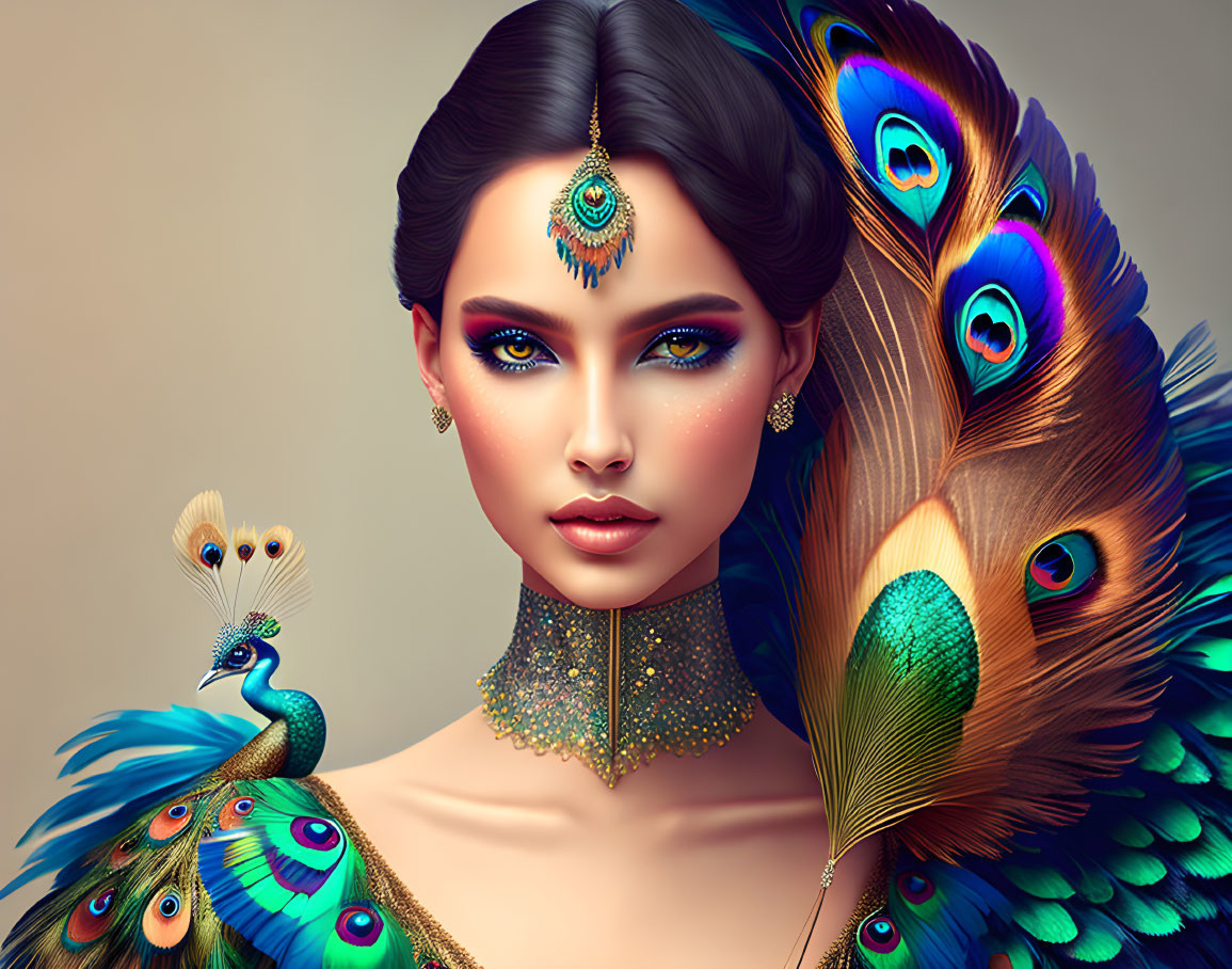 Woman with peacock feather-inspired makeup and jewelry next to illustrated peacock on beige background