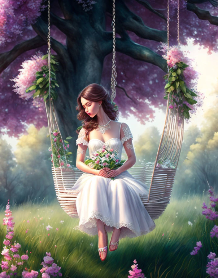 Woman in white dress on flower-adorned swing in lush garden with blooming trees