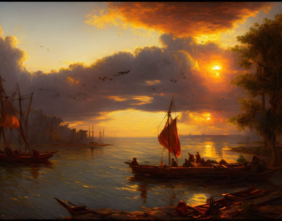 Tranquil harbor sunset painting with boats on calm water