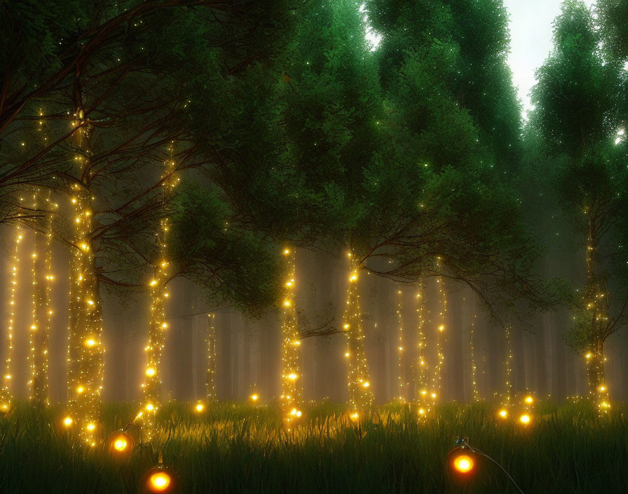 Enchanted forest with twinkling lights and glowing orbs in misty setting