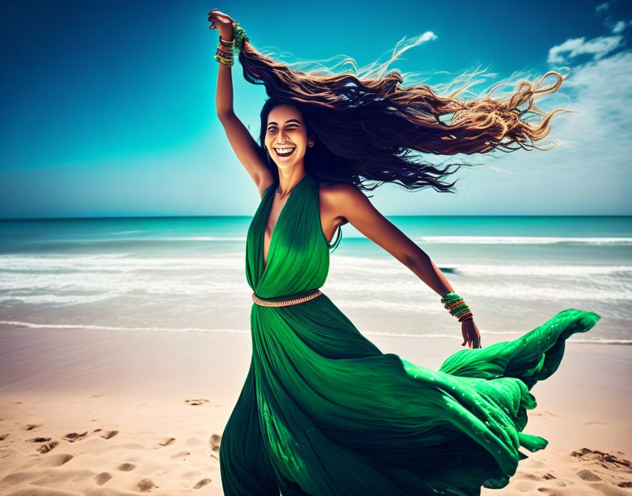 Woman twirls in green dress on sunny beach with billowing hair