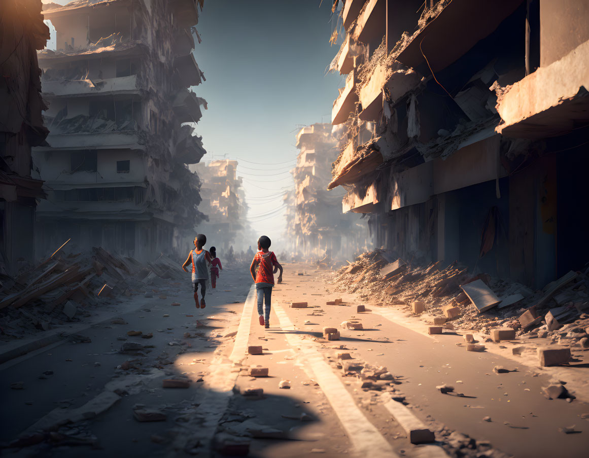 Children running in desolate street with dilapidated buildings