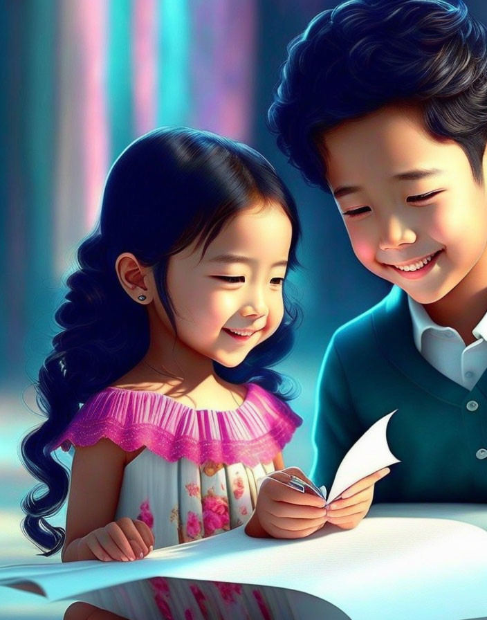 Boy and girl smiling together with open book in hand