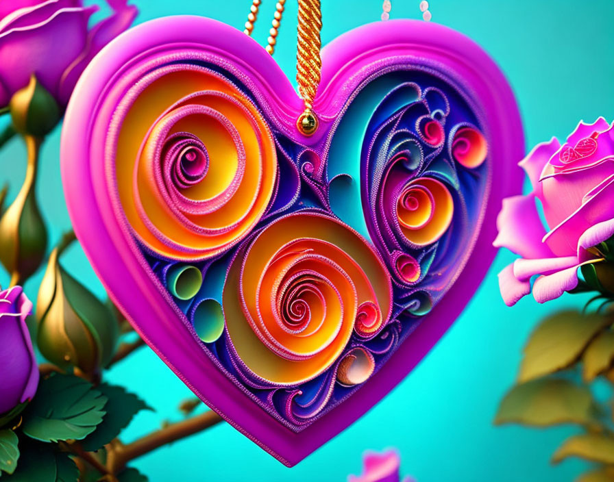 Colorful 3D Heart Pendant with Spiral Patterns and Roses on Blue Background