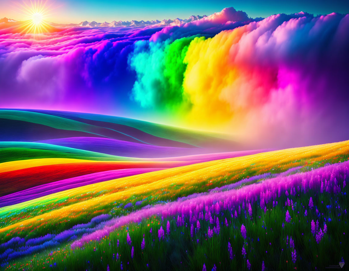 Colorful Rainbow Striped Landscape under Sunset Sky