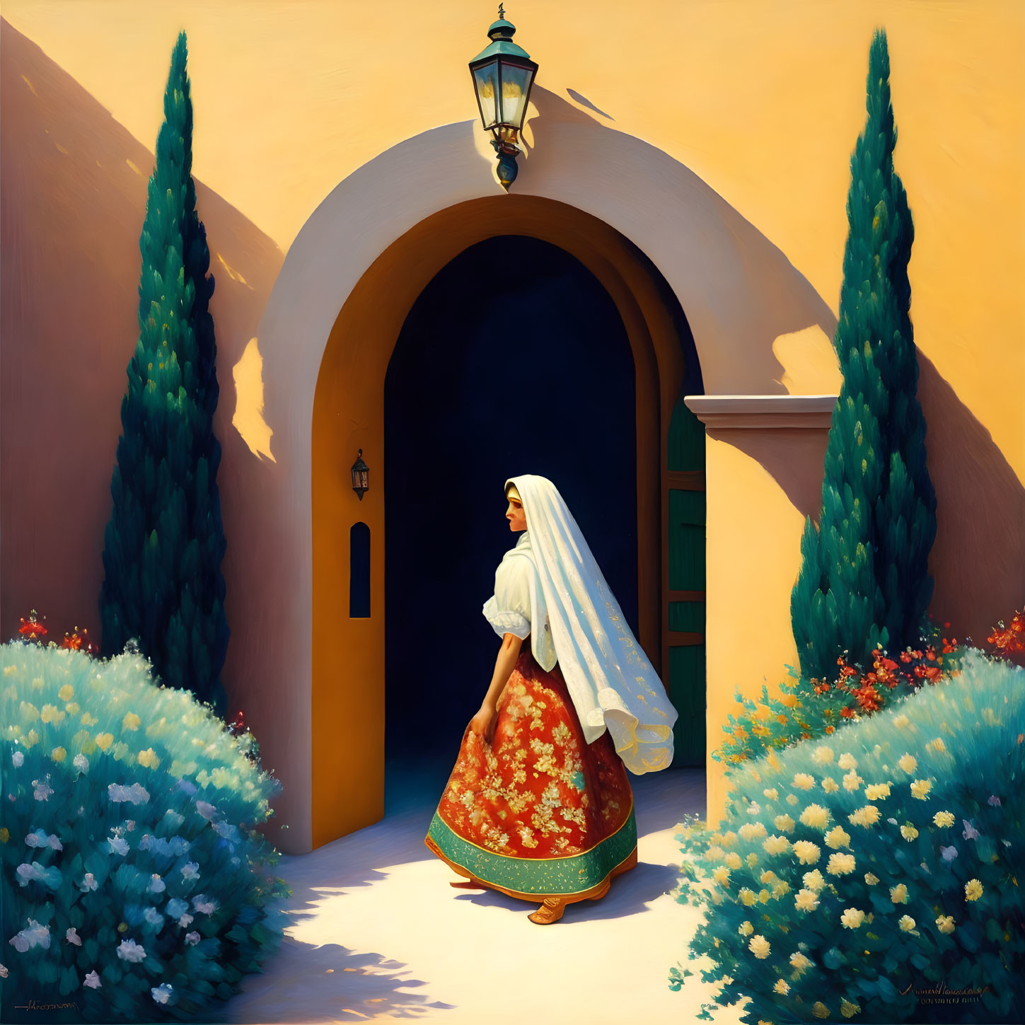 Traditional Woman Walking Through Archway with Cypress Trees