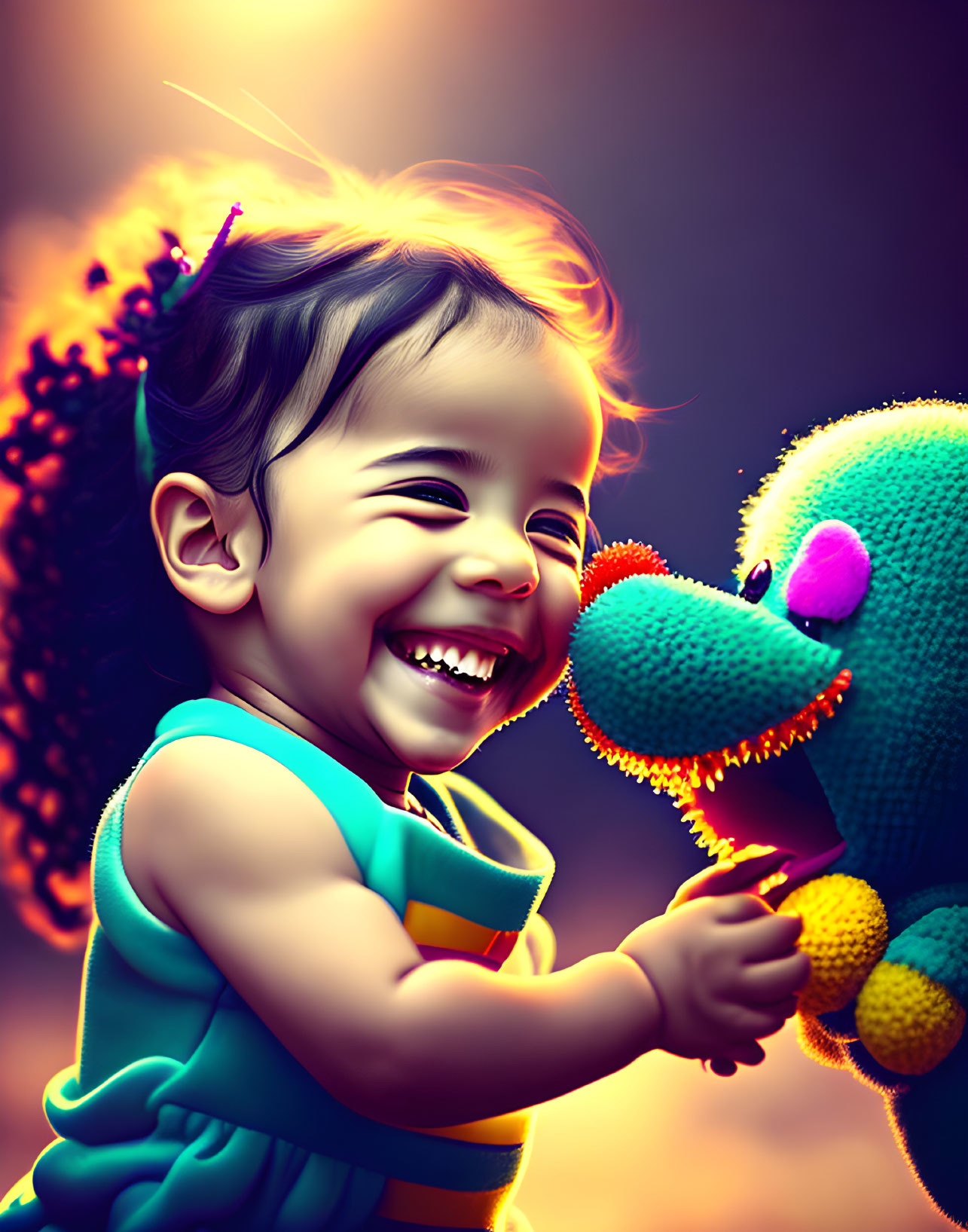 Happy toddler playing with colorful stuffed duck under warm light